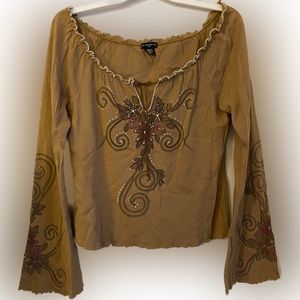 Vintage Y2K FANG Fairycore Beaded Floral Suede tie Bell sleeve elastic neck top